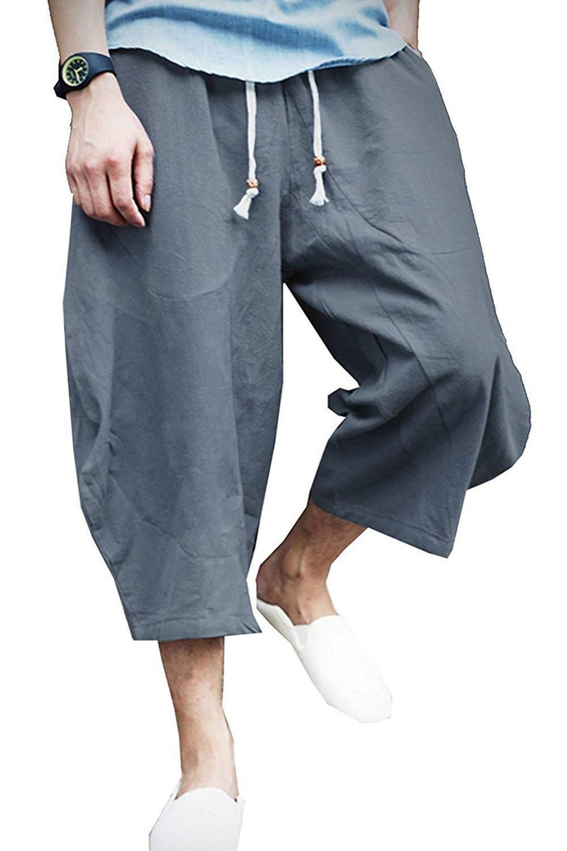 KAMUON Mens Casual Baggy Cotton Linen Pocket Lounge Harem Pants Beach Long Shorts (US 2XL = Asian Tag 5XL : Waist 40"-42", Blue Grey) - Image 1
